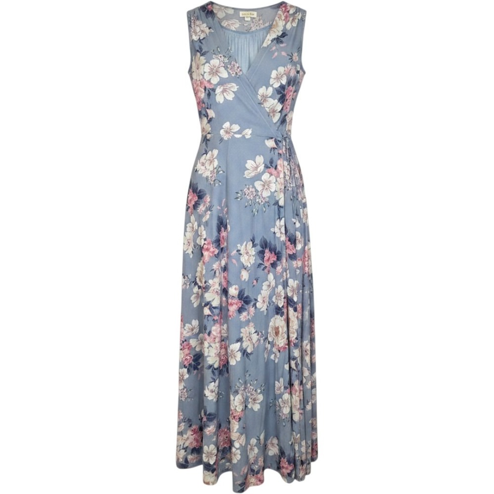 Yumi Kim Maxi Dress Sleeveless Flowy Silk Wrap Floral Purple Blue Wedding Small